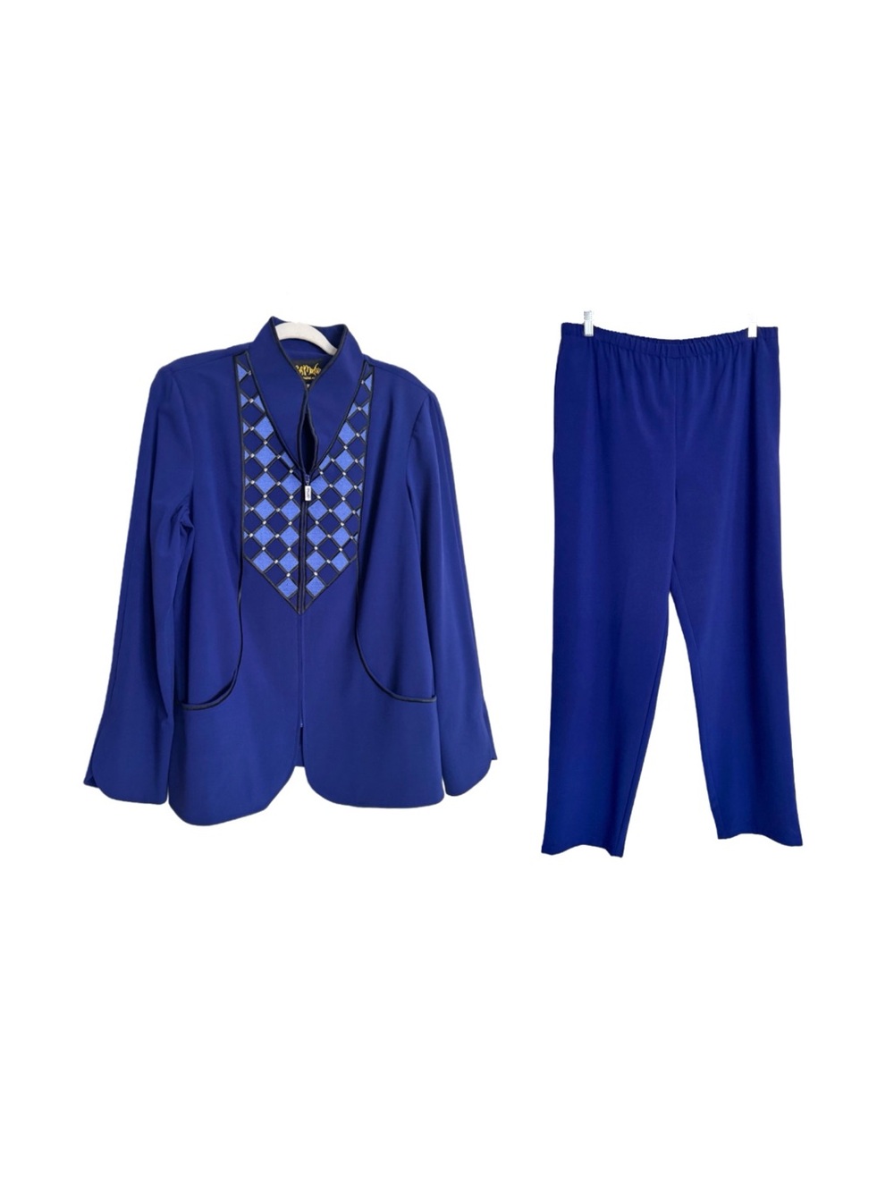 Bob Mackie Wearable Art Pant Suit Deep Blue Diamonds Blazer Jacket & Pants Sz L